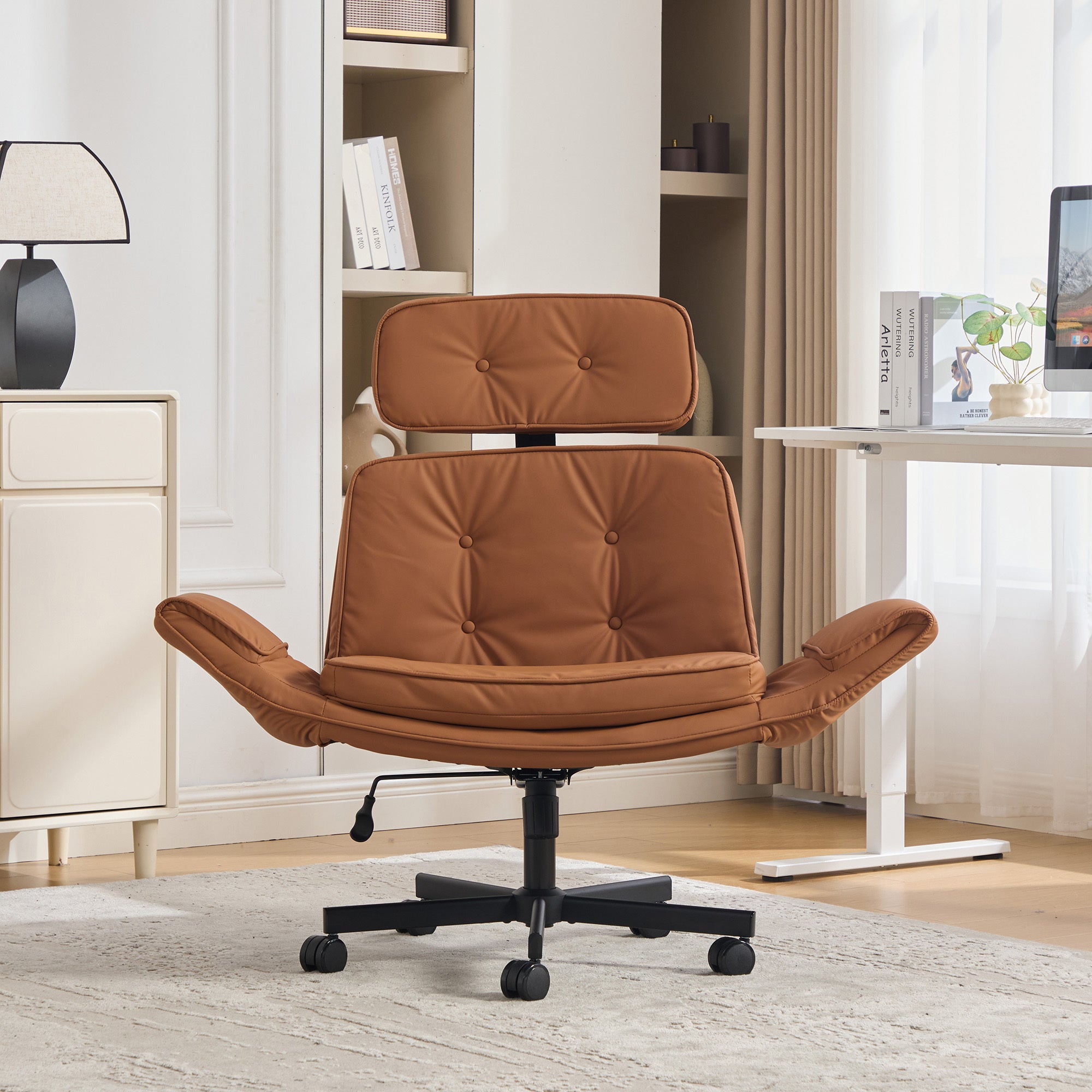 Criss Cross Chair with Adjustable Armrests & Wheels & Headrest, PU Lounge Vanity Desk Chair with Wide Seat for Cross-Legged S