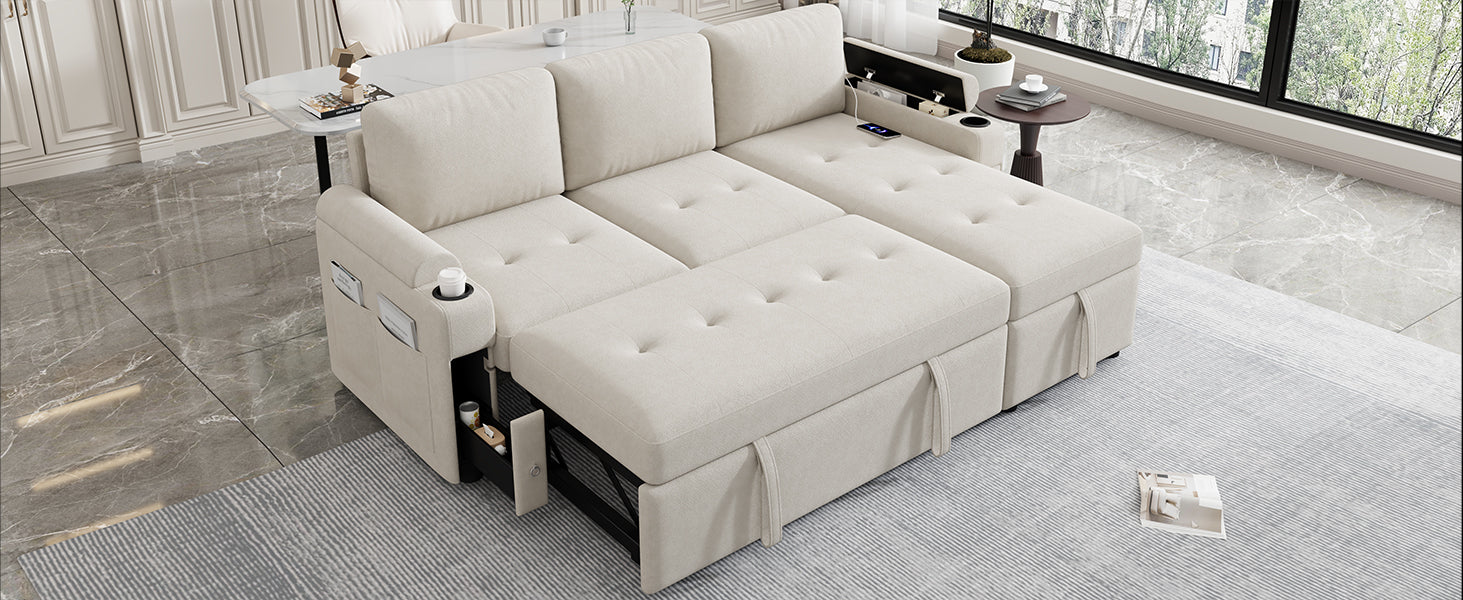 Convertible L-shaped Beige Sofa Couch with Storage, Cup Holders, USB Ports, Chenille Fabric - Grand Goldman Shop