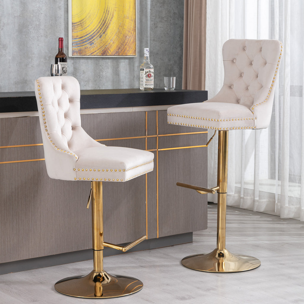 A&A Furniture,Thick Golden Swivel Velvet Barstools Adjusatble Seat Height from 27-35 Inch, Modern Upholstered Bar Stools with Backs Comfortable Tufted for Home Pub and Kitchen Island (Beige,Set of 2) - Grand Goldman Shop