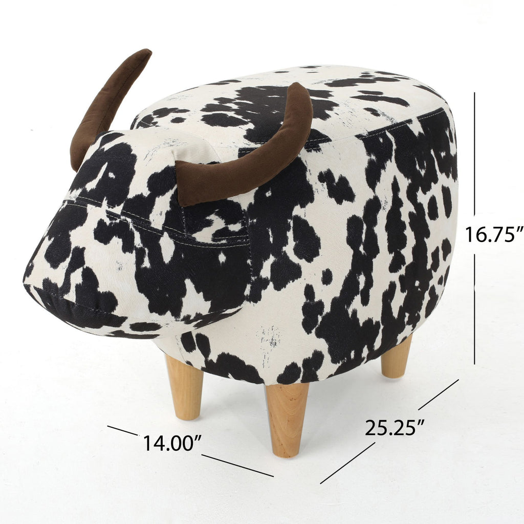 Cow-Shaped Ottoman Footstool, Black and White Modern Accent Stool with Velvet Horns, Fabric Body, Birch Legs - Grand Goldman Shop