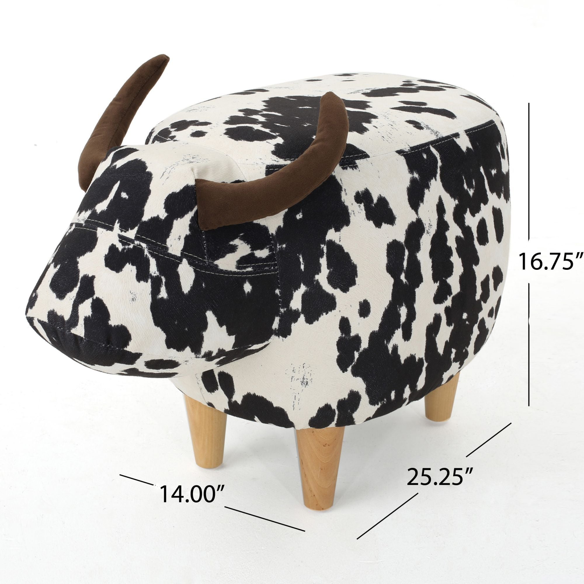Cow-Shaped Ottoman Footstool, Black and White Modern Accent Stool with Velvet Horns, Fabric Body, Birch Legs - Grand Goldman Shop