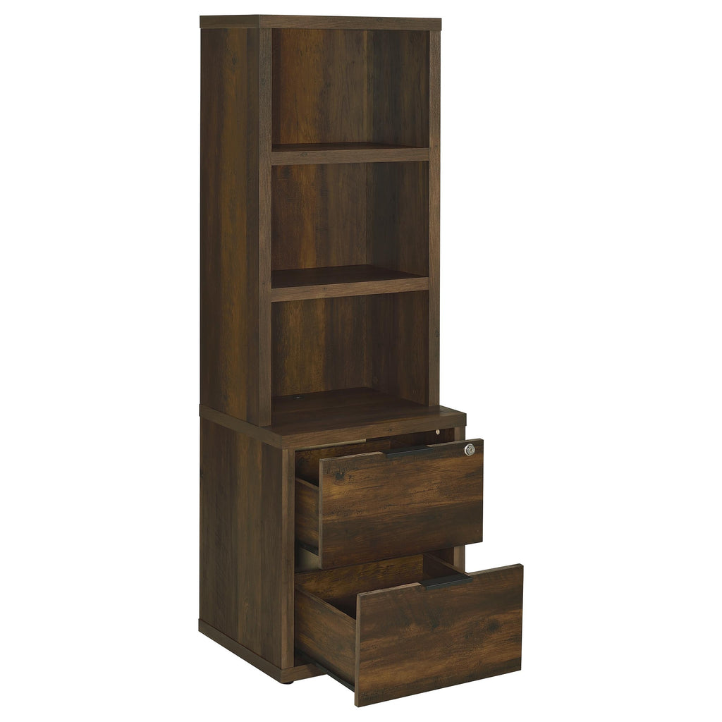 Geary Dark Pine 3-Shelf Bookcase with USB Charging and Lockable Top Drawer in Dark Brown Engineered Wood - Grand Goldman