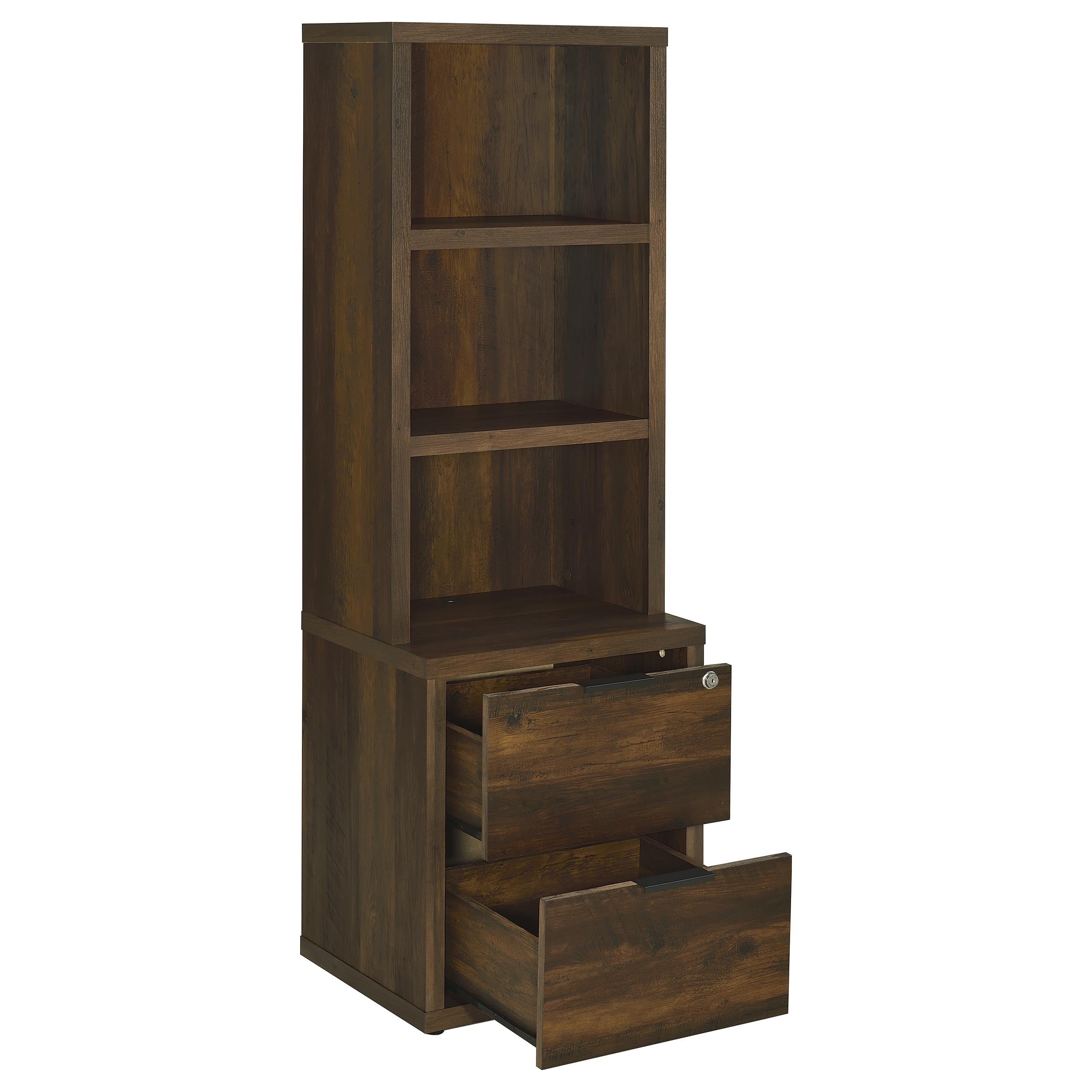 Geary Dark Pine 3-Shelf Bookcase with USB Charging and Lockable Top Drawer in Dark Brown Engineered Wood - Grand Goldman