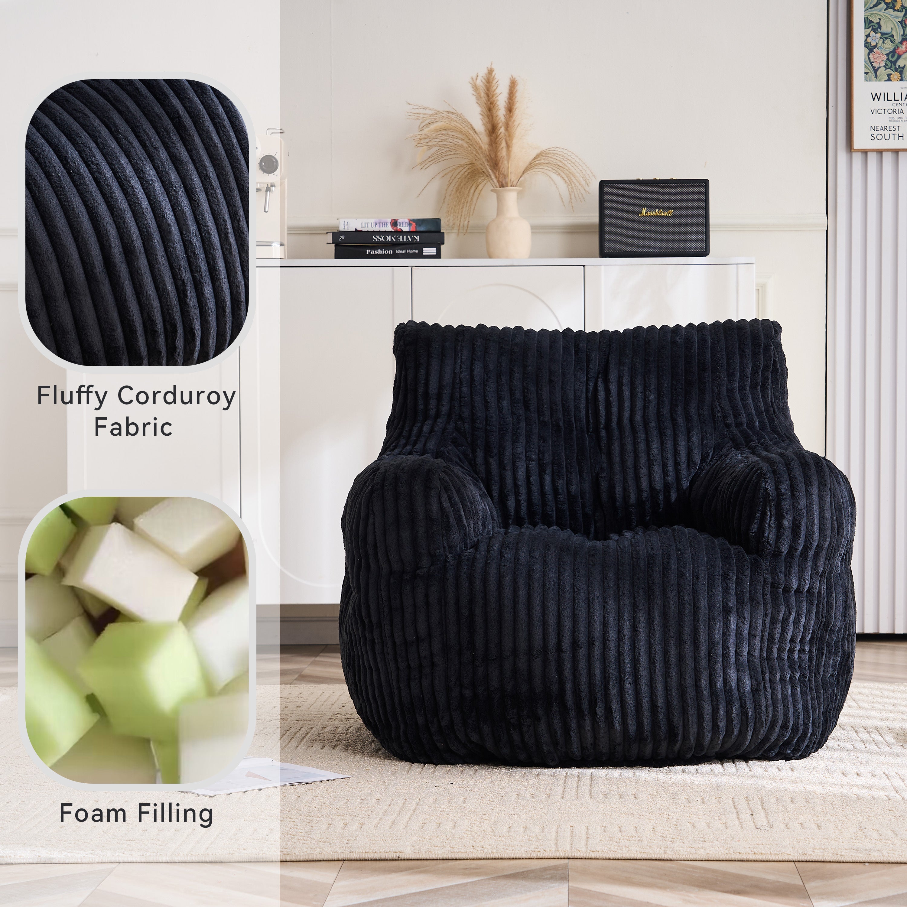010-Soft Fluffy Corduroy Fabric Bean Bag Chair Filled With Memory Sponge,Black - Grand Goldman Shop