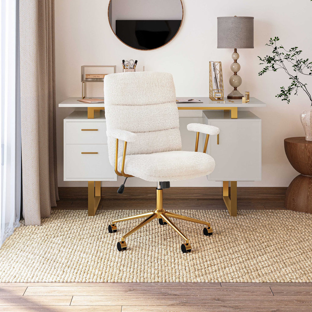 Textured Boucle Fabric White and Gold Office Chair, Modern Height Adjustable Desk Chair with Padded Arms | Premium Home Decor