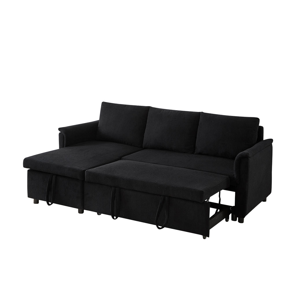 Loveseat Sofa with Chaise Lounge L-Shaped Modular Convertible Sofa with Storage Chaise, Corduroy Tufted Upholstered Sleeper Sectional Sofa,Pull Out Sleep Couch Bed and Reclining Backrest-Black - Grand Goldman Shop