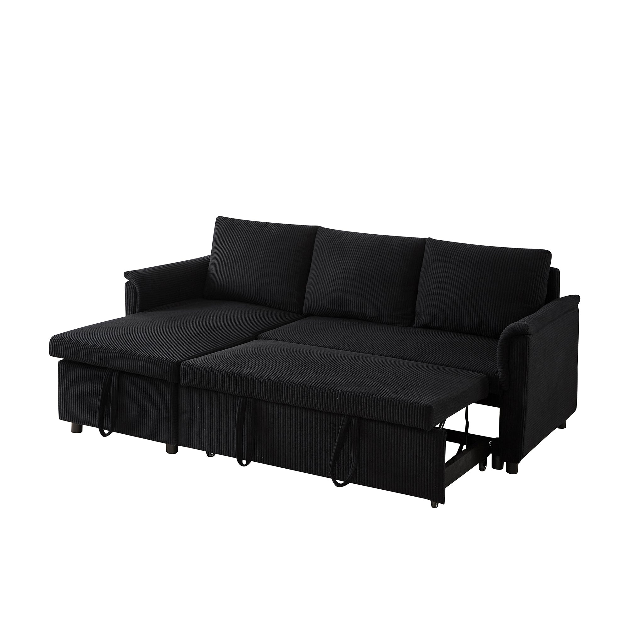 Loveseat Sofa with Chaise Lounge L-Shaped Modular Convertible Sofa with Storage Chaise, Corduroy Tufted Upholstered Sleeper Sectional Sofa,Pull Out Sleep Couch Bed and Reclining Backrest-Black - Grand Goldman Shop