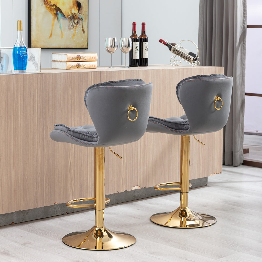 Set of 2  Bar Stools,with Chrome Footrest and Base Swivel Height Adjustable Mechanical Lifting Velvet + Golden Leg Simple Bar Stool-gray - Grand Goldman Shop