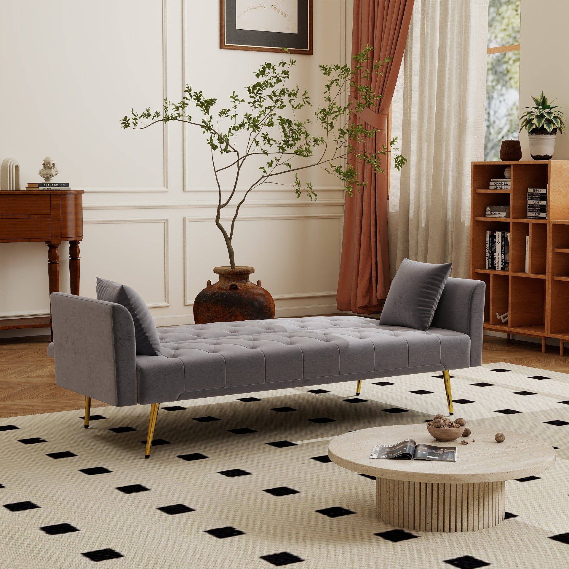 Modern convertible 72 inch foldable sleeper sofa with tufted, American retro style, made of gray velvet material, suitable for small living rooms, bedrooms and offices. gray color - Grand Goldman Shop