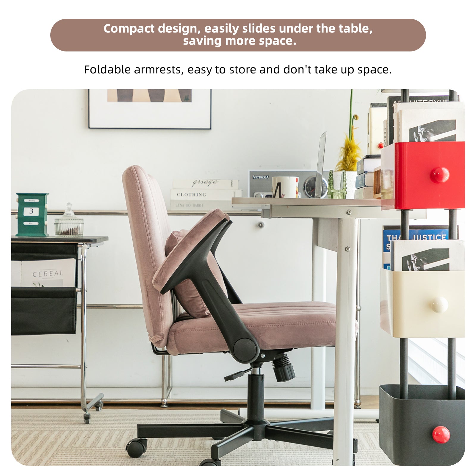Pink Velvet Criss Cross Armrest Office Chair with Wheels - Comfortable for Home Office, Reading & Vanity | Premium Home Decor