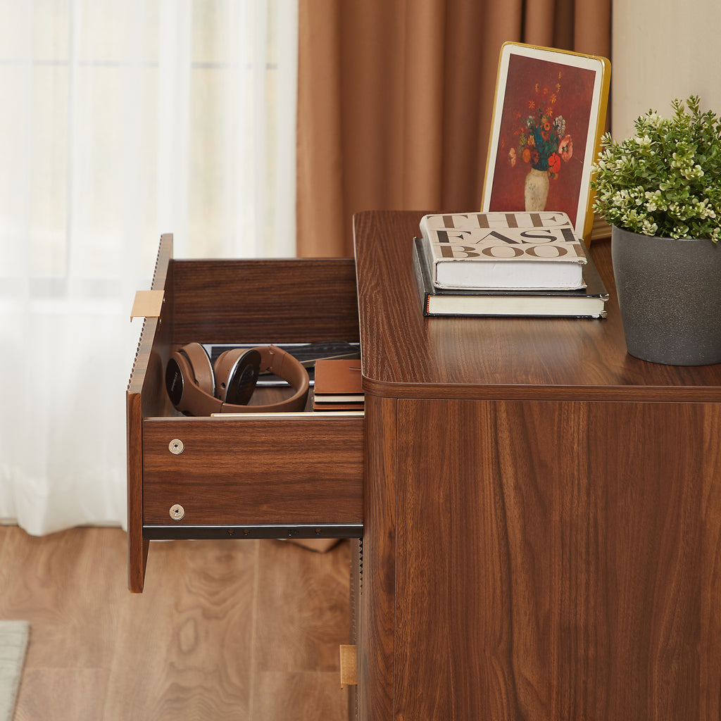 Fluted 3 Drawer Dresser Set of 2, Mid-Century Modern Tall Chest of Drawers with Vertical Grooved Design, Solid Wood Storage Cabinet with Metal Handles for Bedroom Living Room, Walnut - Grand Goldman Shop