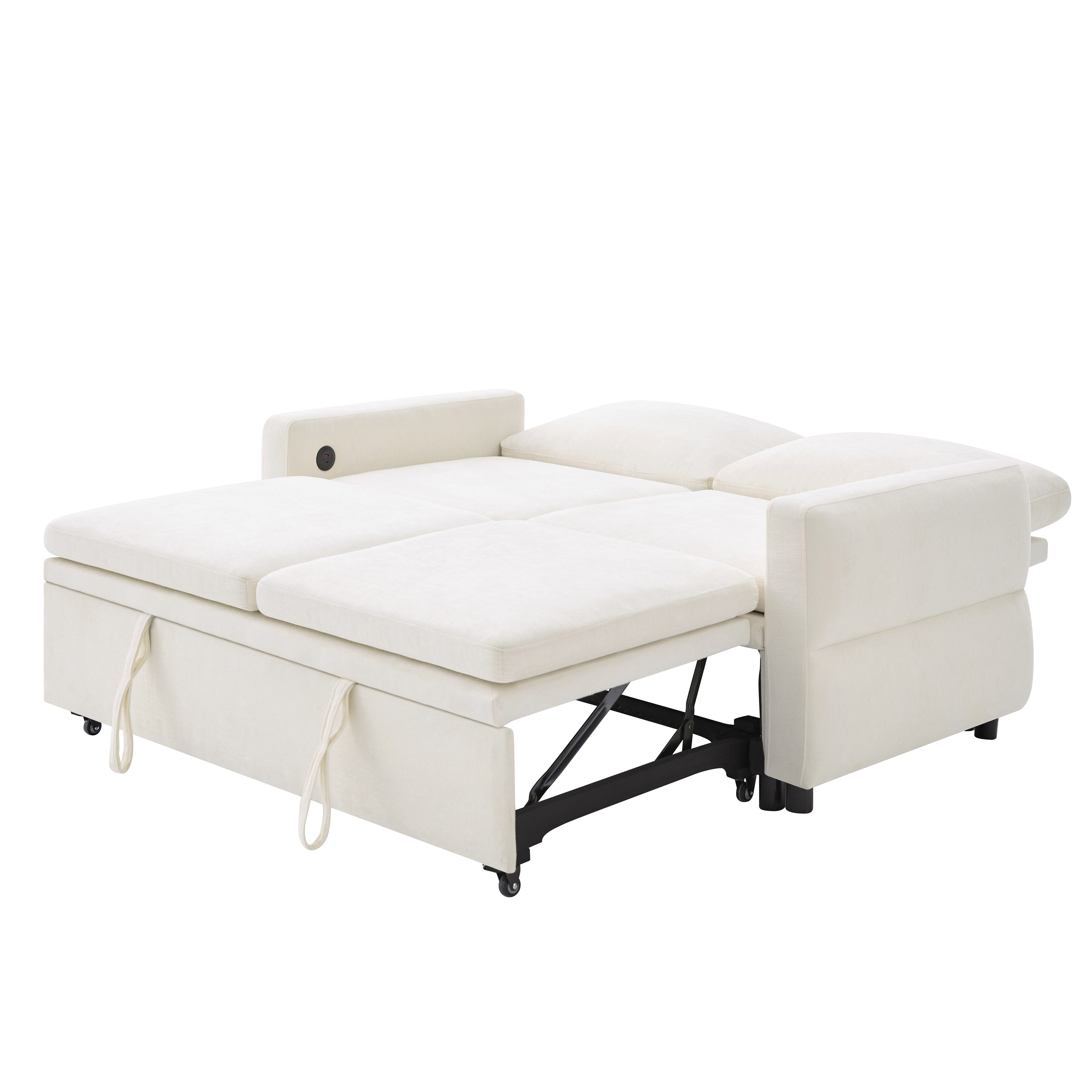 Convertible Sofa Bed 62.75' Loveseat with Adjustable Backrest and USB Ports in Beige Chenille Fabric - Grand Goldman Shop