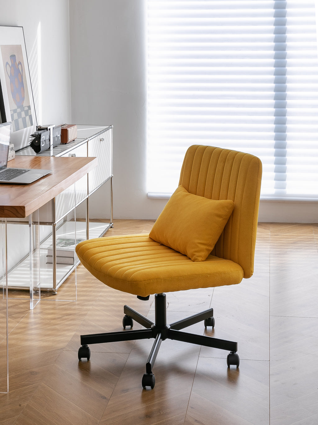 Yellow Linen Criss Cross Armless Office Chair with Wheels - Modern Comfort for Home Office, Meditation & Makeup Spaces - Gran
