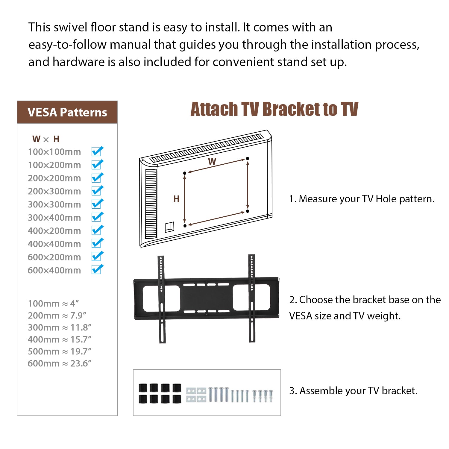 Wooden Storage TV Stand Black Tempered Glass Height Adjustable Universal Swivel Entertainment Center With Mount TV Stand, Rustic Browm - Grand Goldman Shop