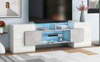 ON-TREND Unique Shape TV Stand with 2 Illuminated Glass Shelves, High Gloss Entertainment Center for TVs Up to 88', Versatile TV Cabinet with LED Color Changing Lights for Living Room, Grey - Grand Goldman Shop