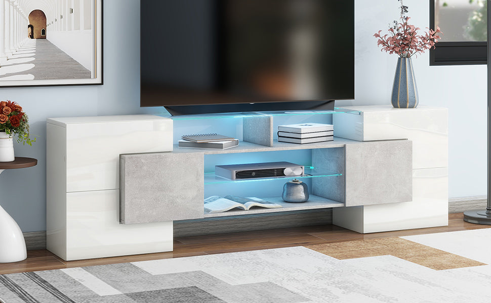 ON-TREND Unique Shape TV Stand with 2 Illuminated Glass Shelves, High Gloss Entertainment Center for TVs Up to 88', Versatile TV Cabinet with LED Color Changing Lights for Living Room, Grey - Grand Goldman Shop