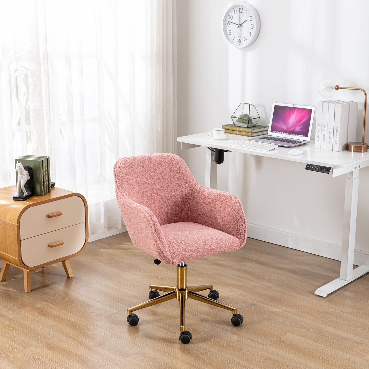 Modern Teddy Fabric Material Adjustable Height 360 Revolving Home Office Chair With Gold Metal Legs And Universal Wheel For I