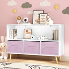 Modern Kids Bookcase with Collapsible Fabric Drawers, Children's Book Display & Toy Storage, White/Pink MDF & Pine Legs - Gra