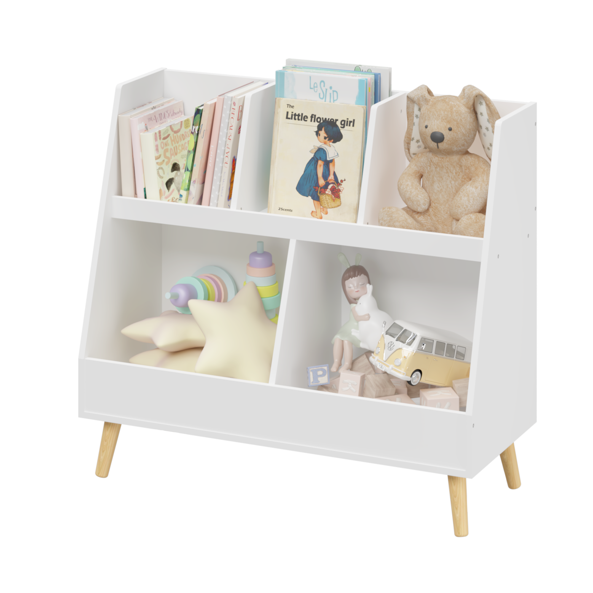 Modern Kids Bookshelf and Toy Organizer with 5 Cubbies, 2-Tier Wooden Open Bookcase, White MDF and Pine Legs | Premium Home D
