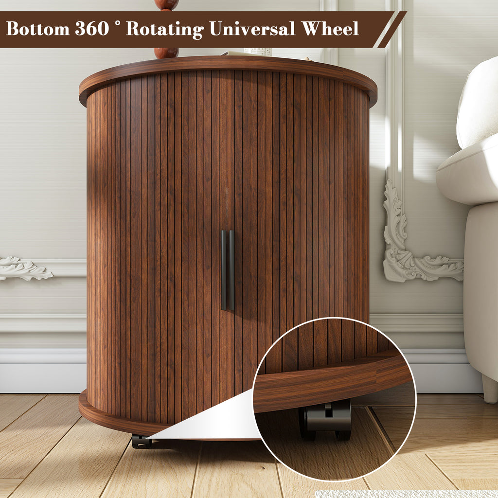 Mid Century Modern Cylinder End Table with Built-in Charging Station & Sliding Door, 2-Tier Storage Round Nightstand with USB Ports, Walnut Bedside Table for Living Room, Bedroom, Entryway - Grand Goldman Shop