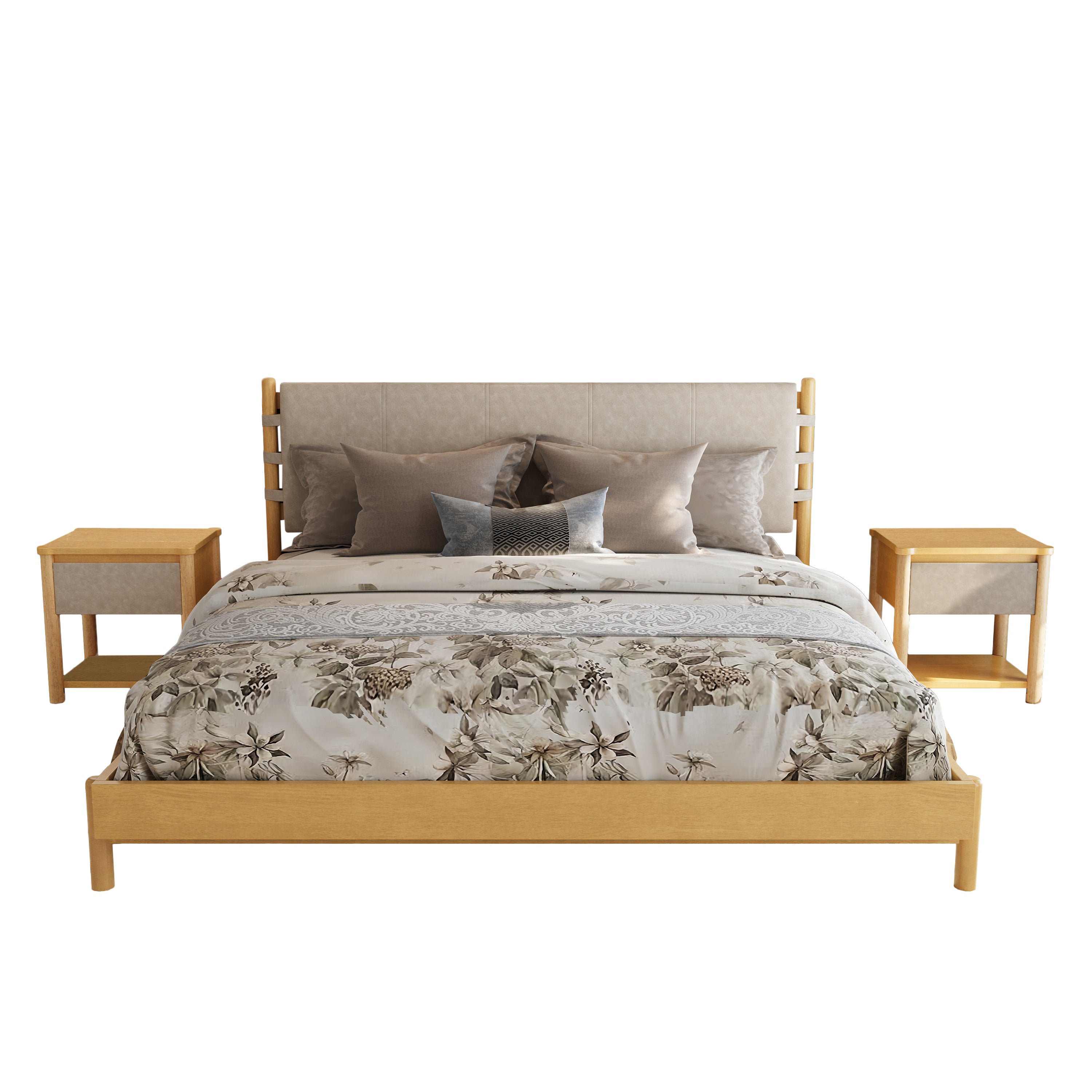 Modern Queen Bed Frame Set with 2 Nightstands, Beige Wood Platform Bed with Headboard and Matching Bedside Tables for Bedroom - Grand Goldman Shop
