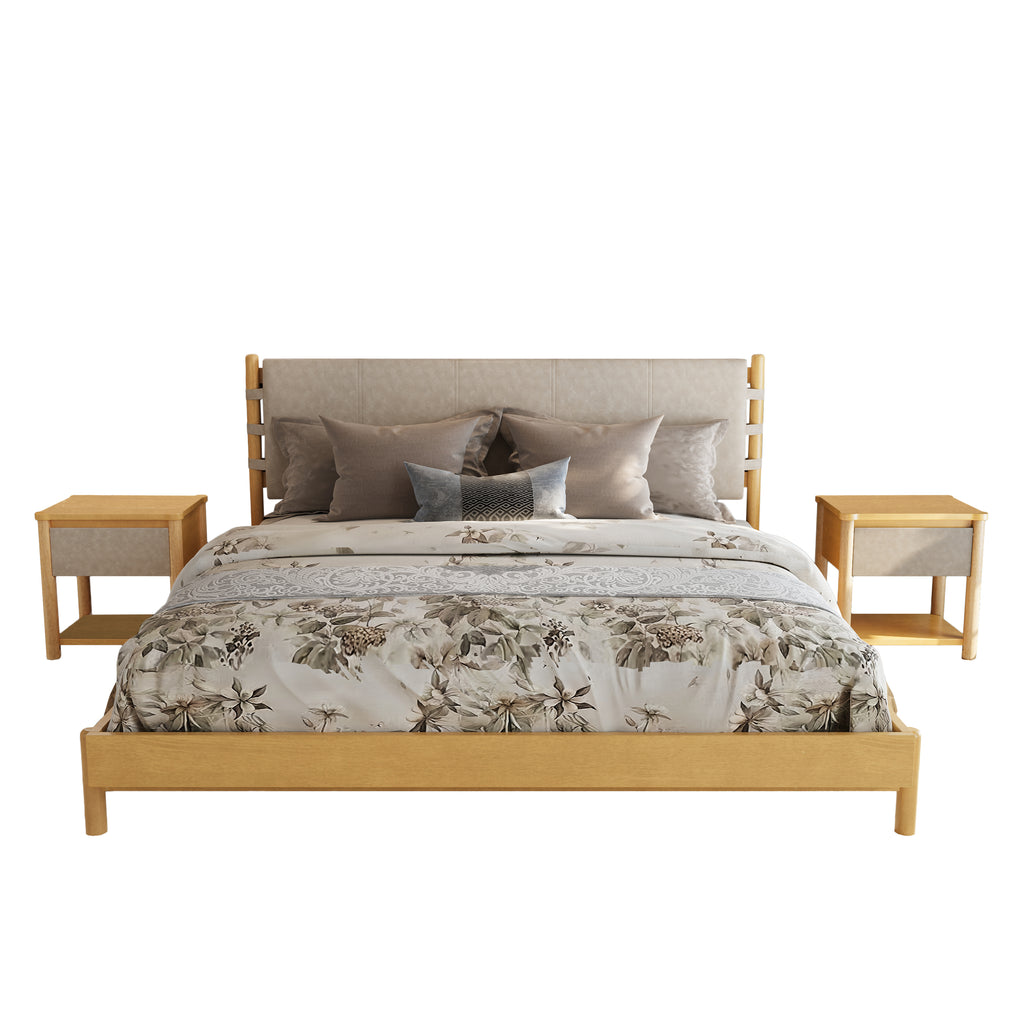 Modern King Bed Frame Set with 2 Nightstands, Beige Wood Platform Bed with Headboard and Matching Bedside Tables for Bedroom - Grand Goldman Shop