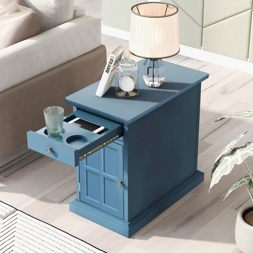 U-Can Classic Vintage Livingroom End Table Side Table with USB Ports and One Multifunctional Drawer with cup holders, Antique Navy (Old SKU: WF296294AAM) - Grand Goldman Shop
