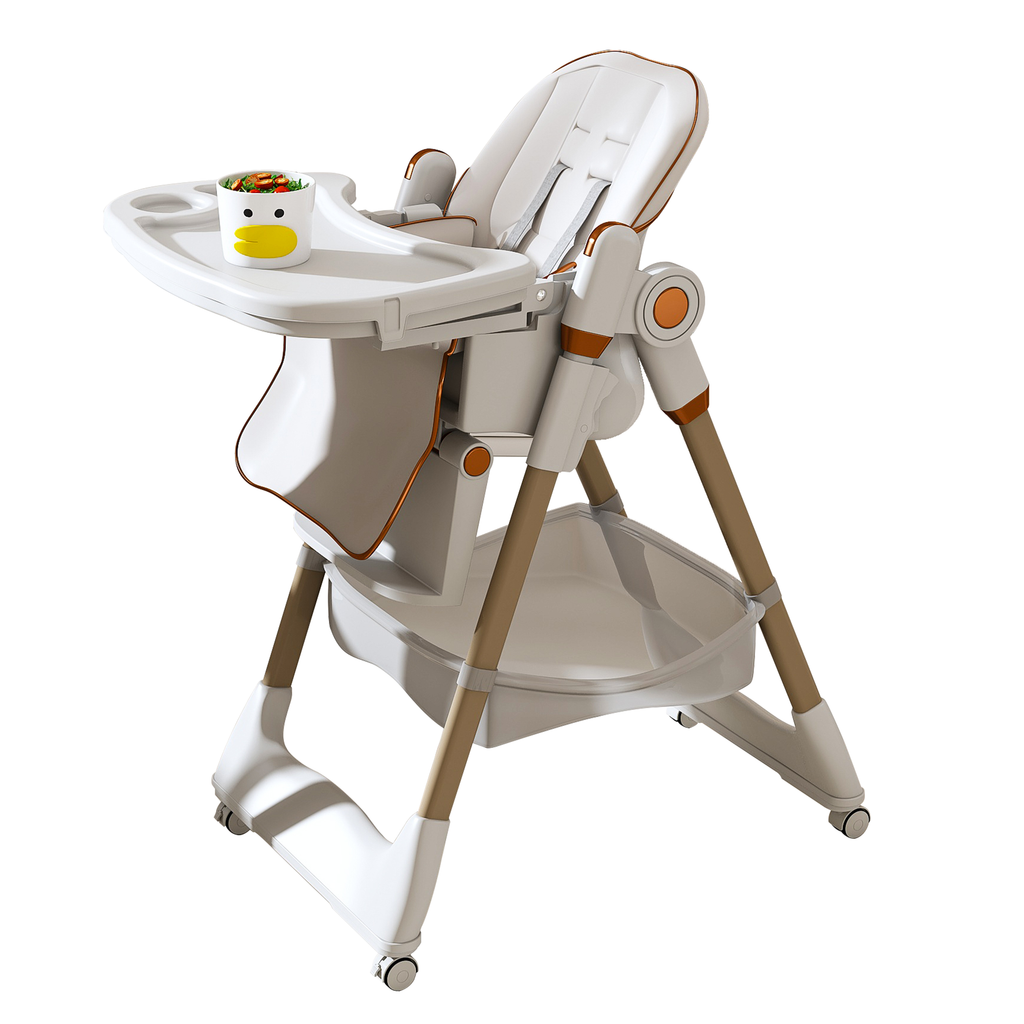 Adjustable Baby High Chair 0-6 Years – Portable Infant Feeding Seat with Safety Belt, Silent Lockable Wheels, White - Grand Goldman Shop
