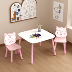 Kids Table and Chair Set, 3-Piece Wooden Toddler Desk with Animal Backrest, Activity Table for Drawing, Learning,Playroom or 