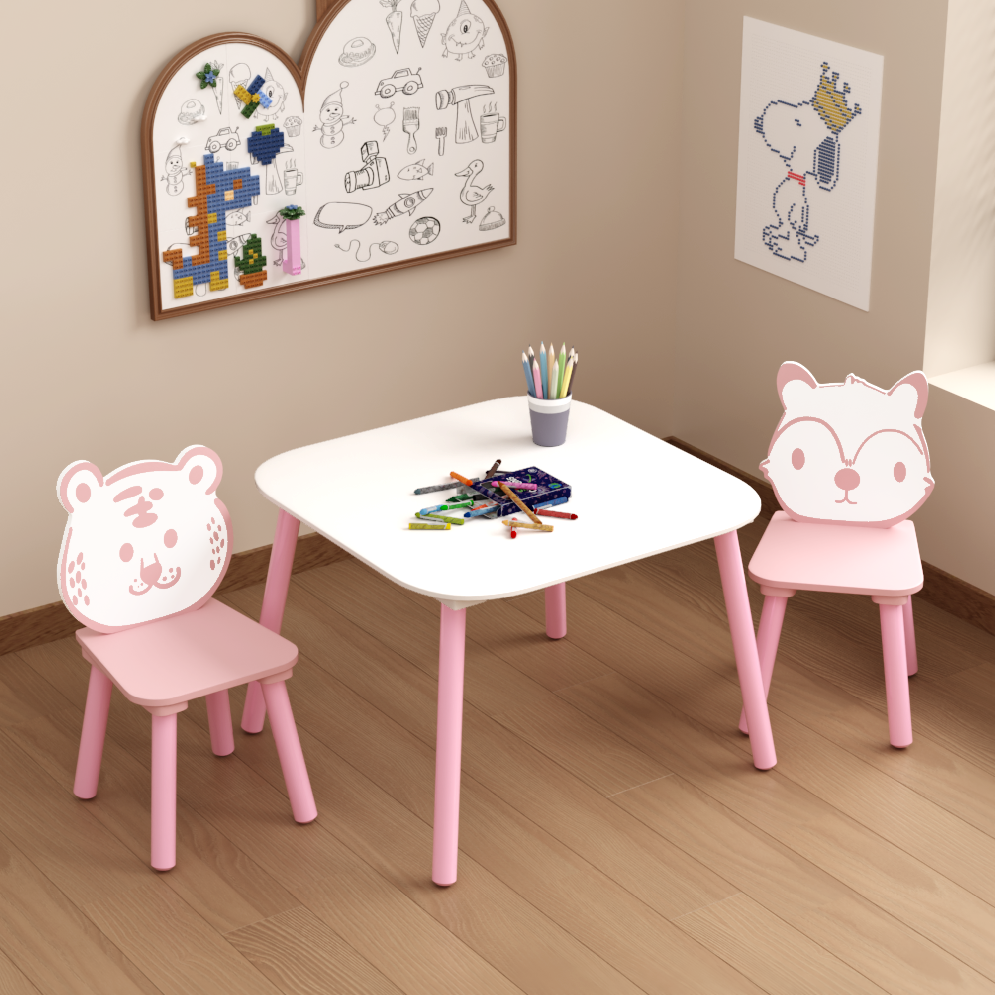 Kids Table and Chair Set, 3-Piece Wooden Toddler Desk with Animal Backrest, Activity Table for Drawing, Learning,Playroom or 