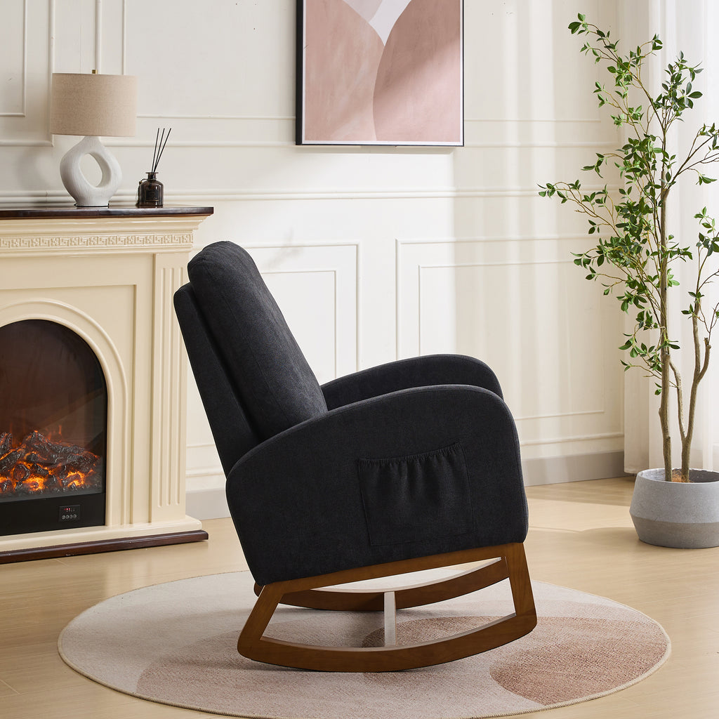 27.2'W Rocking Chair for Nursery, Polyester Glider Chair with High Back and Side Pocket, Rocking Accent Armchair with Rubber Wood Legs for Living Room/Bedroom.Black - Grand Goldman Shop