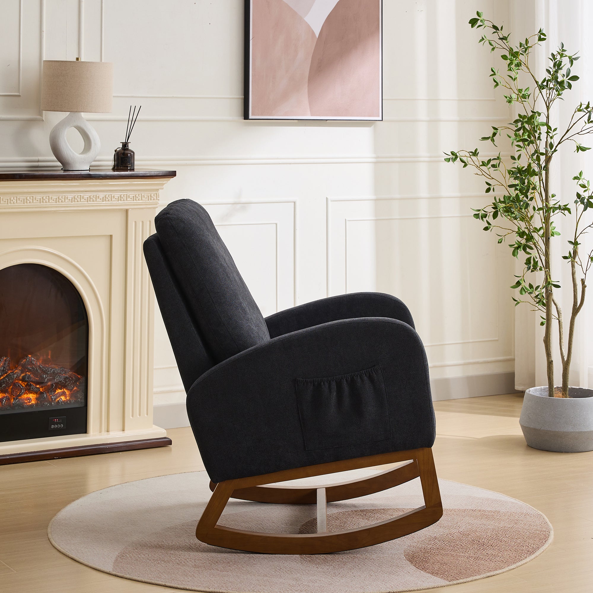 27.2'W Rocking Chair for Nursery, Polyester Glider Chair with High Back and Side Pocket, Rocking Accent Armchair with Rubber Wood Legs for Living Room/Bedroom.Black - Grand Goldman Shop