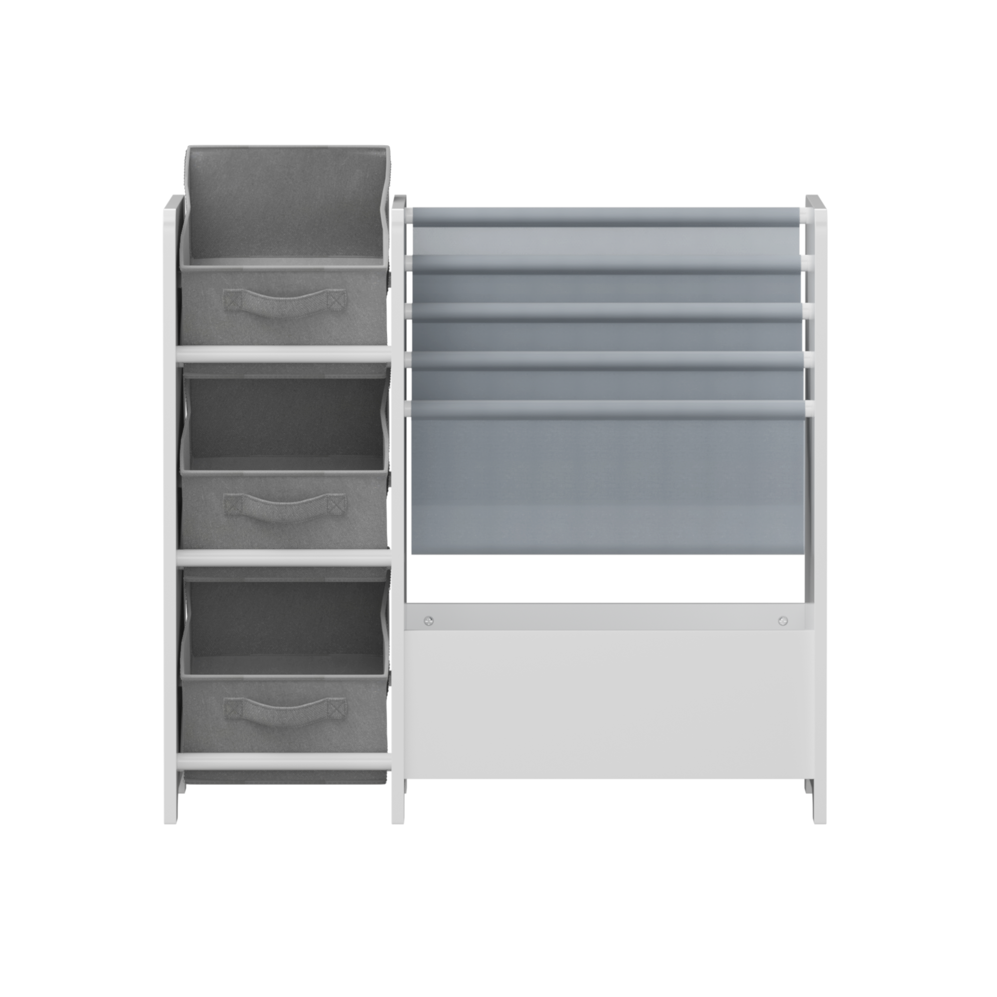 Kids Bookshelf and Toy Storage Organizer, Multifunctional 4-Tier White MDF Bookshelf with 3 Collapsible Fabric Drawers for Nu