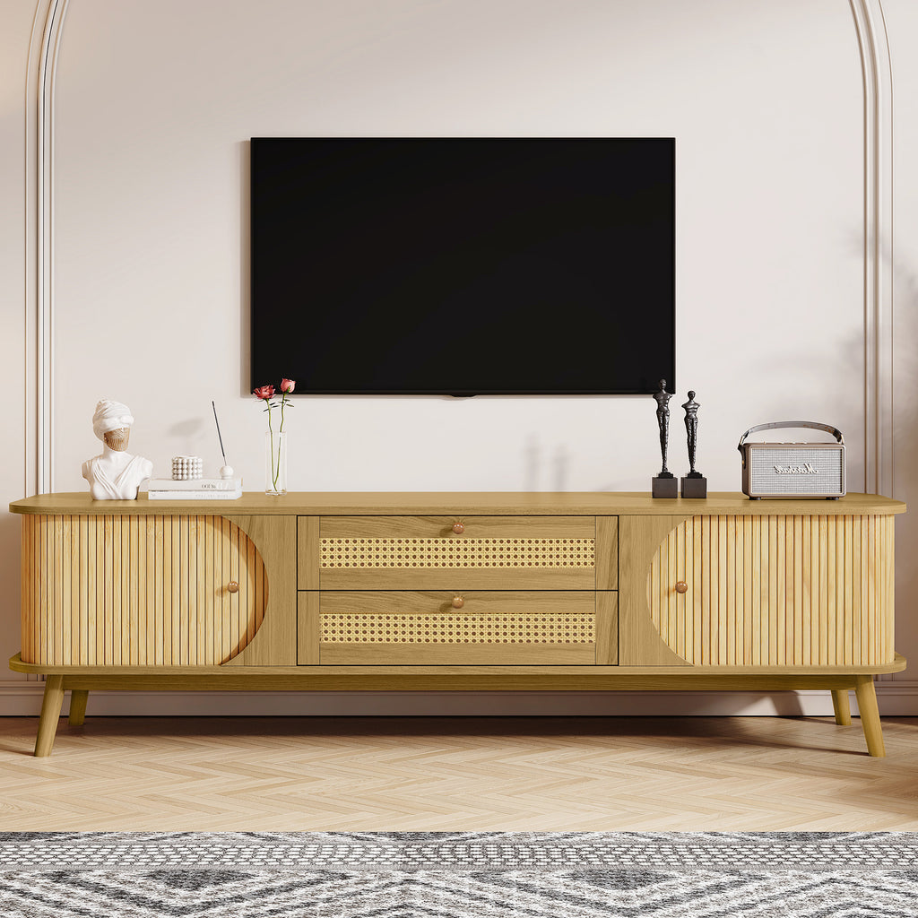 Modern Farmhouse Rattan TV Stand for TVs up to 75'', Solid Wood Legs, Natural Wood Finish Media Console with Storage Drawers and Sliding Doors - Grand Goldman Shop