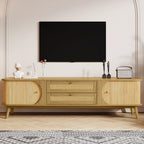 Modern Farmhouse Rattan TV Stand for TVs up to 75'', Solid Wood Legs, Natural Wood Finish Media Console with Storage Drawers and Sliding Doors - Grand Goldman Shop