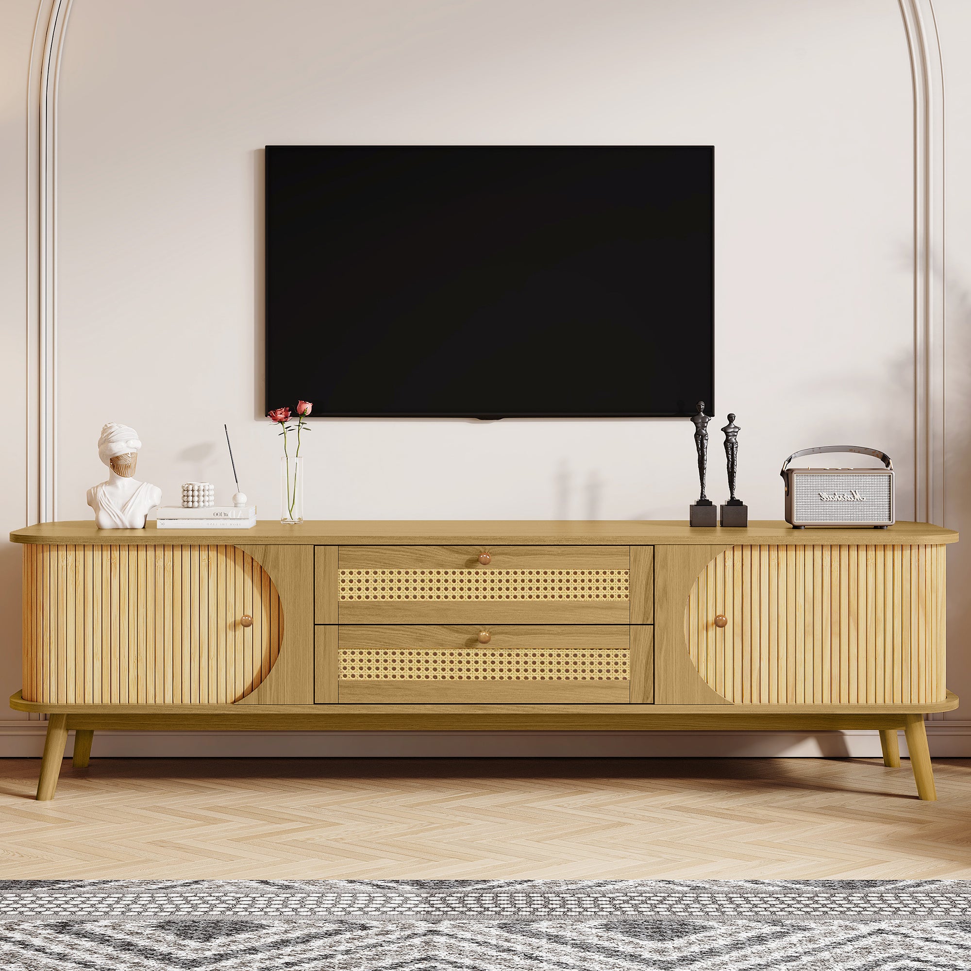 Modern Farmhouse Rattan TV Stand for TVs up to 75'', Solid Wood Legs, Natural Wood Finish Media Console with Storage Drawers and Sliding Doors - Grand Goldman Shop
