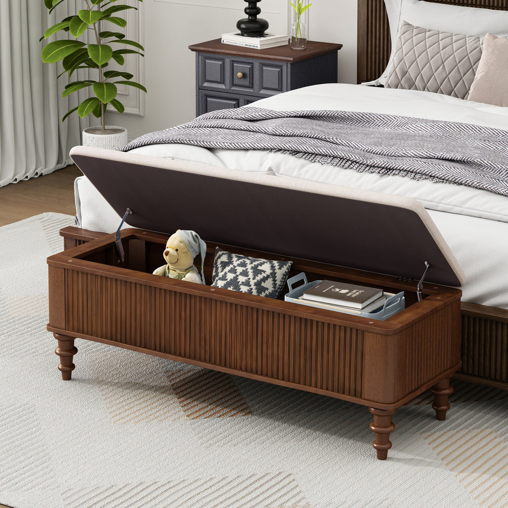 Walnut Multi-Functional Storage Ottoman Bench with Linen Seat, Solid Rubberwood Bed End Bench for Bedroom, Entryway, Living Room, Closet - Grand Goldman Shop