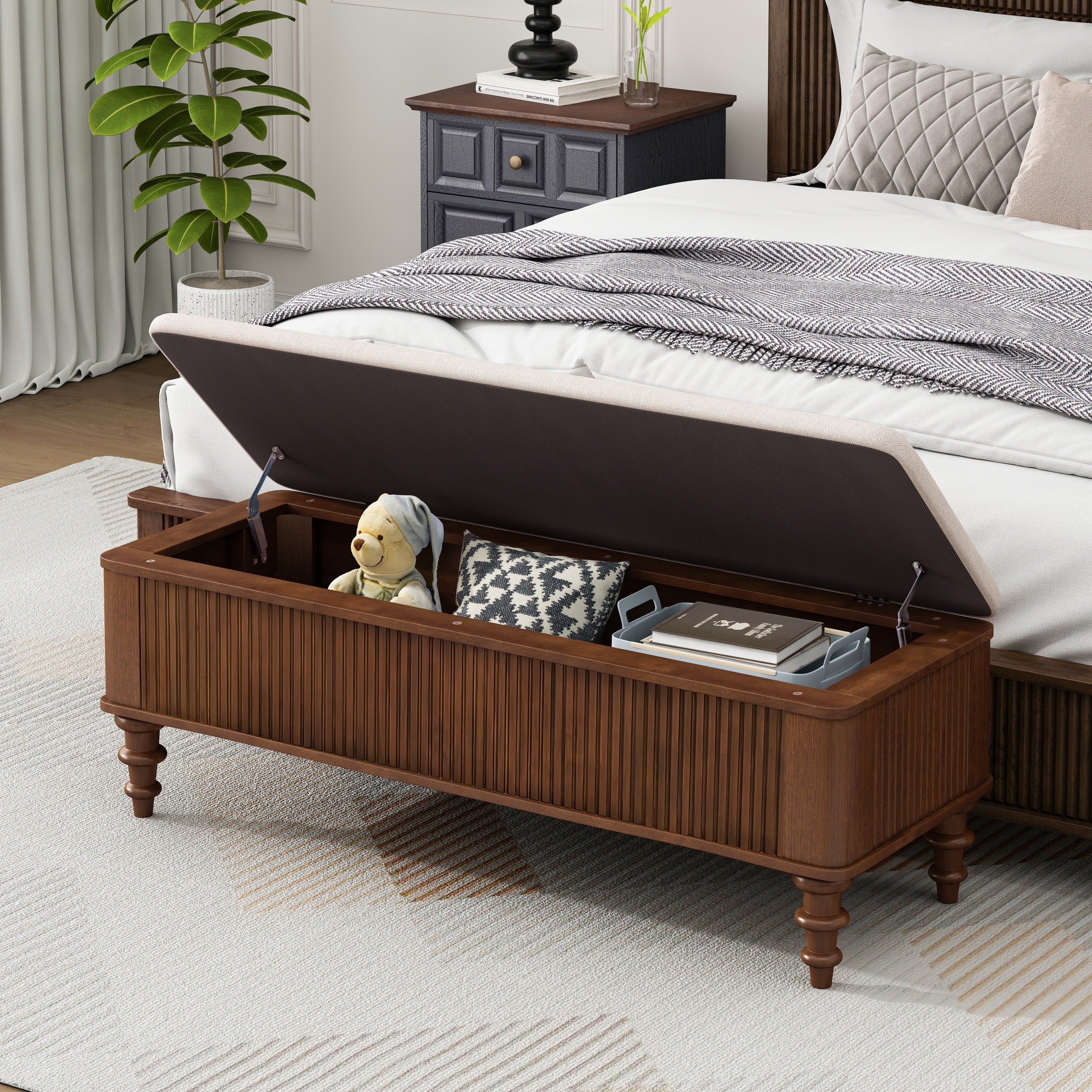 Walnut Multi-Functional Storage Ottoman Bench with Linen Seat, Solid Rubberwood Bed End Bench for Bedroom, Entryway, Living Room, Closet - Grand Goldman Shop