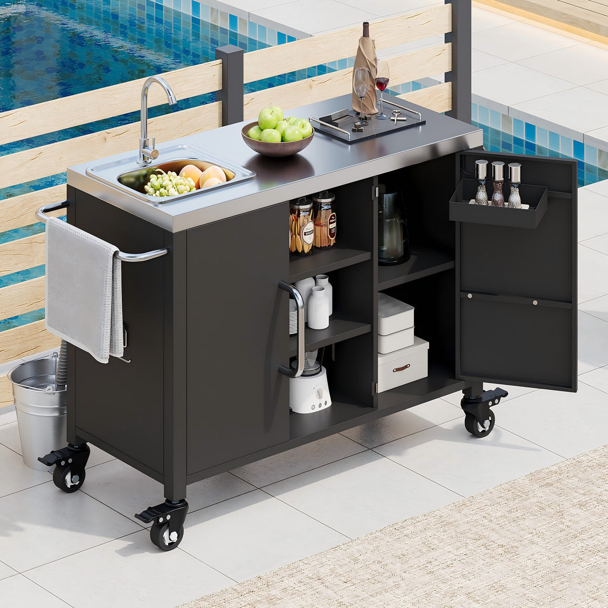 K&K 55.5' Outdoor Kitchen Island with Sink, Metal Grill Cart Table with 304 Stainless Steel Sink, Outdoor Bar Cart Sink Station with 4 Lockable Wheels for Pizza Prep & BBQ, L 55.5' x W 20' H 36.7' - Grand Goldman Shop