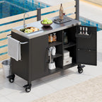 K&K 55.5' Outdoor Kitchen Island with Sink, Metal Grill Cart Table with 304 Stainless Steel Sink, Outdoor Bar Cart Sink Station with 4 Lockable Wheels for Pizza Prep & BBQ, L 55.5' x W 20' H 36.7' - Grand Goldman Shop