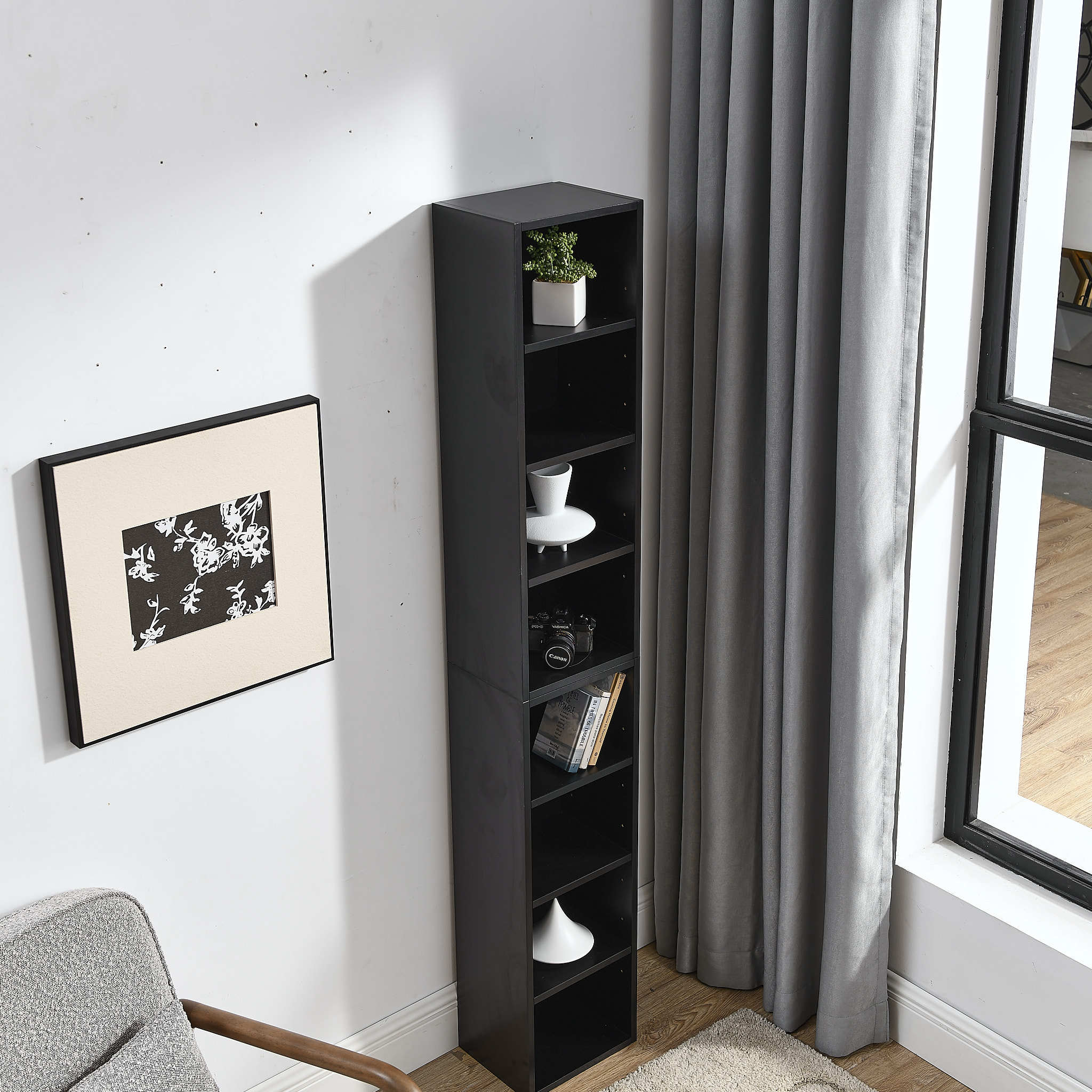 8-Tier Media Tower Rack, CD DVD Slim Storage Cabinet with Adjustable Shelves, Tall Narrow Bookcase Display Bookshelf for Home Office,Multi-functional double-decker bookcase - Grand Goldman Shop