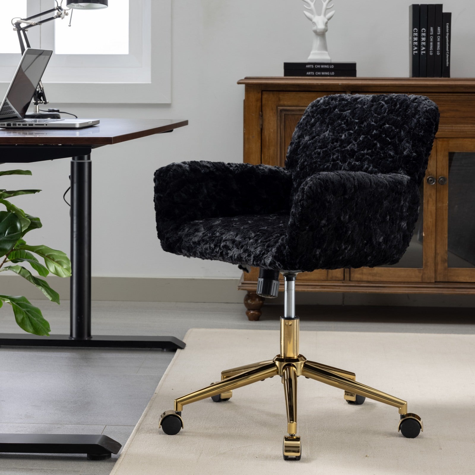 A&A Furniture Office Chair,Artificial rabbit hair Home Office Chair with Golden Metal Base,Adjustable Desk Chair Swivel Offic