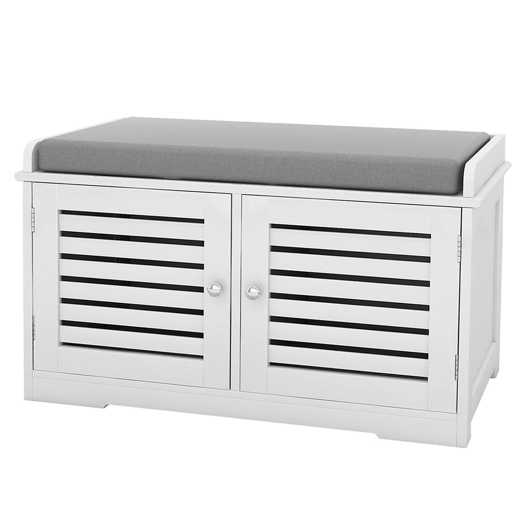 Shoe Storage Bench with Padded Seat Cushion, Entryway Bench with 2 Barn Doors-White - Grand Goldman Shop