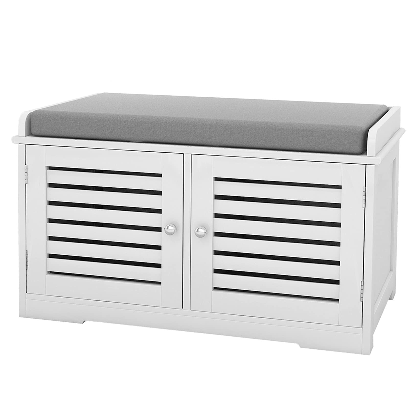 Shoe Storage Bench with Padded Seat Cushion, Entryway Bench with 2 Barn Doors-White - Grand Goldman Shop