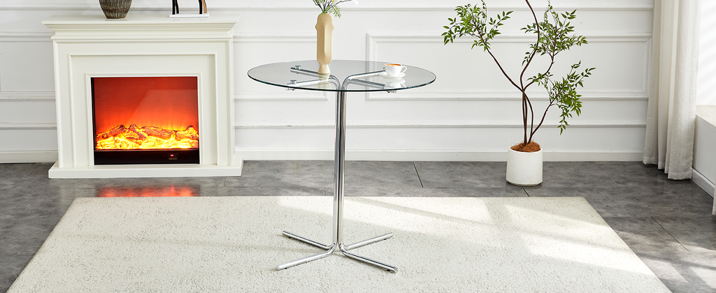 Round glass bar high table, 36 inch round bar table, tempered glass tabletop, sturdy silver chrome plated four column support, suitable for transparent round bar tables in small spaces, kitchens - Grand Goldman Shop