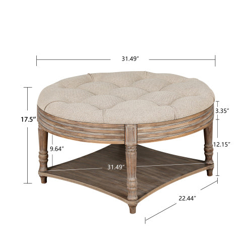 Large Round Waterproof Ottoman Coffee Table 2 Tier Oversized Button Tufted Ottoman with Wooden Shelf Storage Farmhouse Upholstered Coffee Table Living Room Footstool Ottoman Linen - Grand Goldman Shop