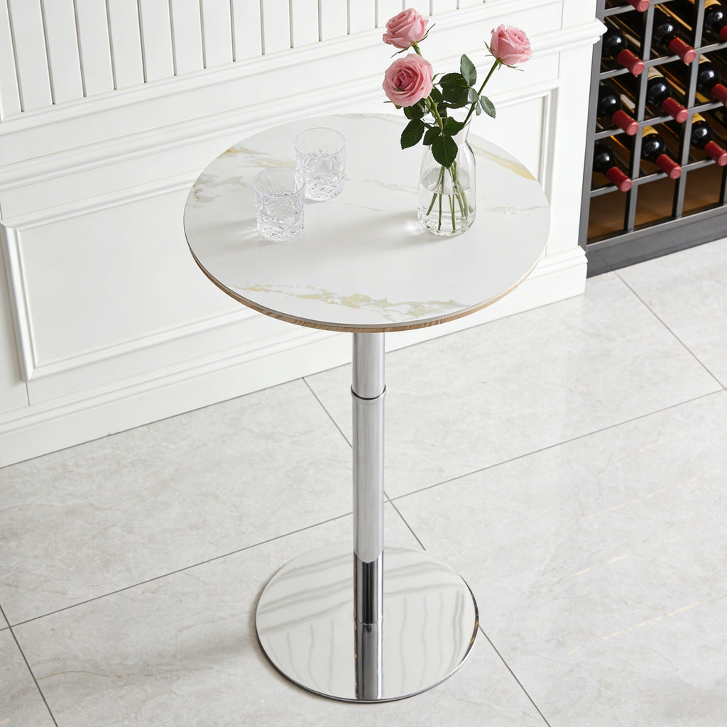 Rock slab circular tabletop non adjustable (39 inches high) bar table, bar table with silver legs and base (white) - Grand Goldman Shop