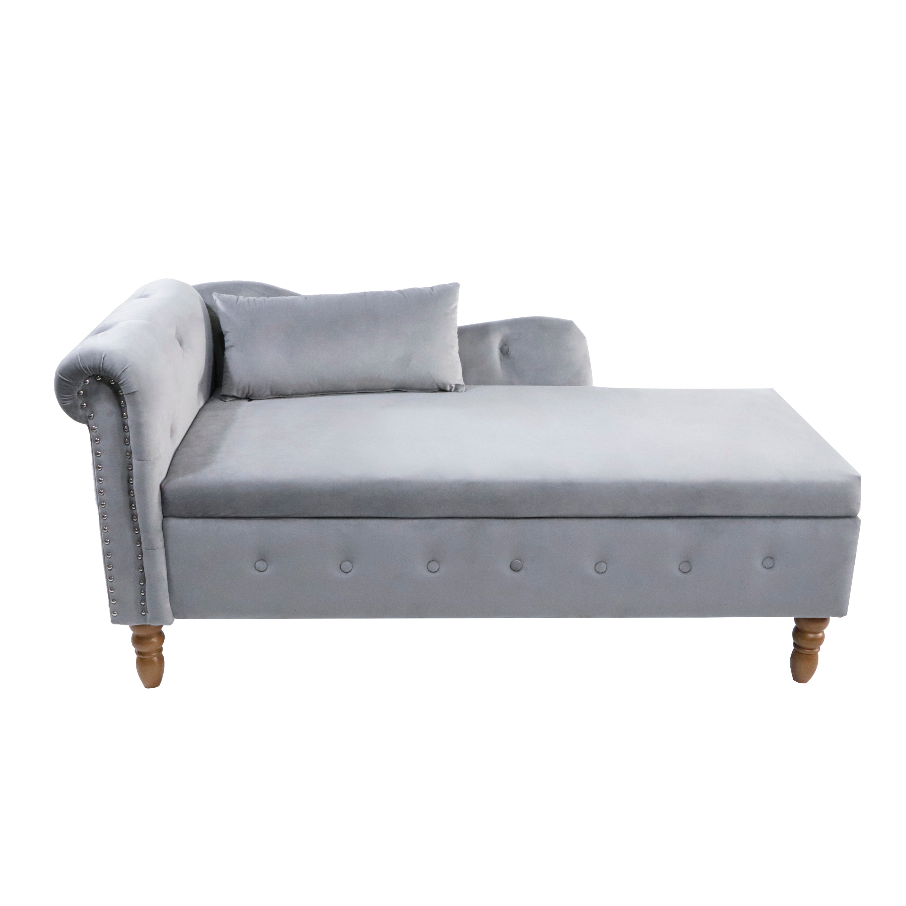 Grey Chaise Lounge Indoor, Velvet Lounge Chair for Bedroom with Storage & Pillow, Modern Upholstered Rolled Arm Chase Lounge for Sleeping with Nailhead Trim for Living Room Bedroom Office - Grand Goldman Shop