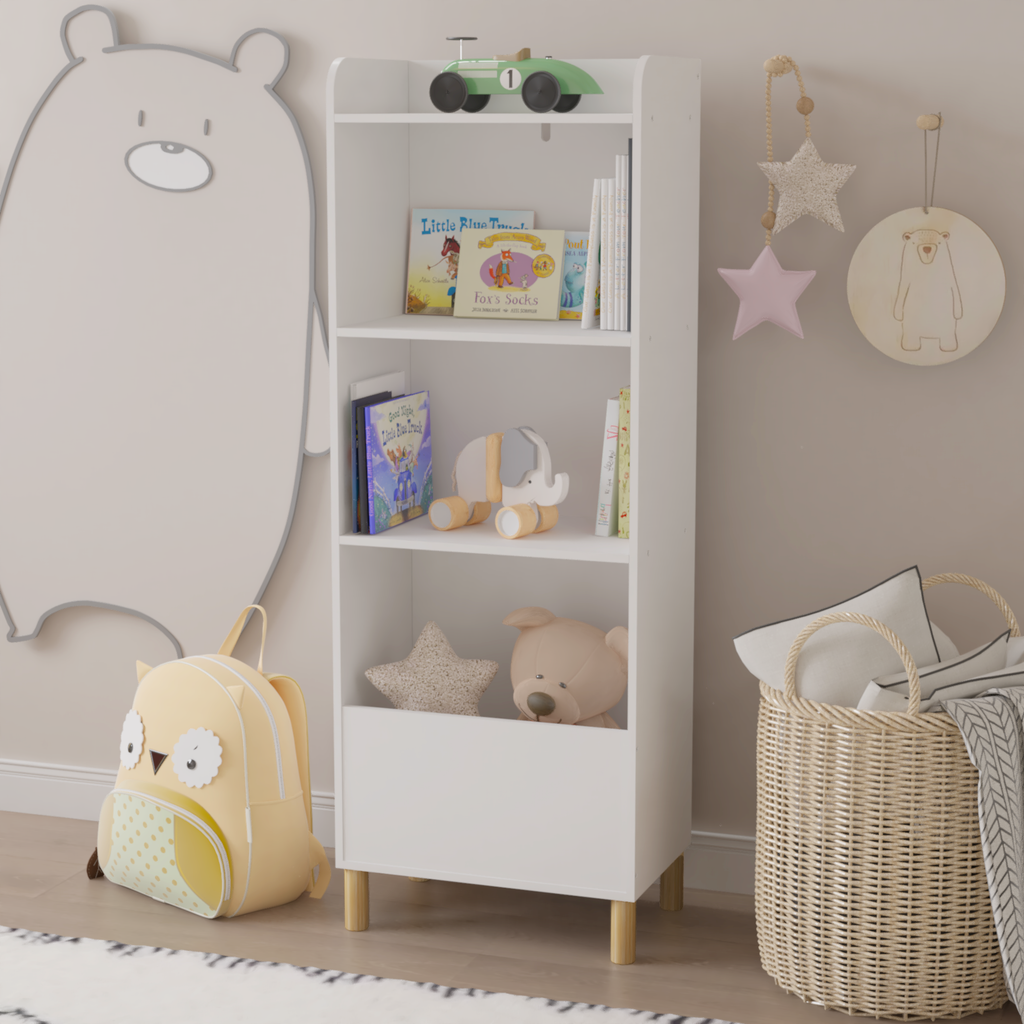 Kids 4-Tier Bookcase, Children's Book Display with Safety Restraint, White MDF & Pine Wood Storage Cabinet for Nursery, Playr
