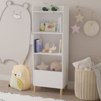 Kids 4-Tier Bookcase, Children's Book Display with Safety Restraint, White MDF & Pine Wood Storage Cabinet for Nursery, Playr